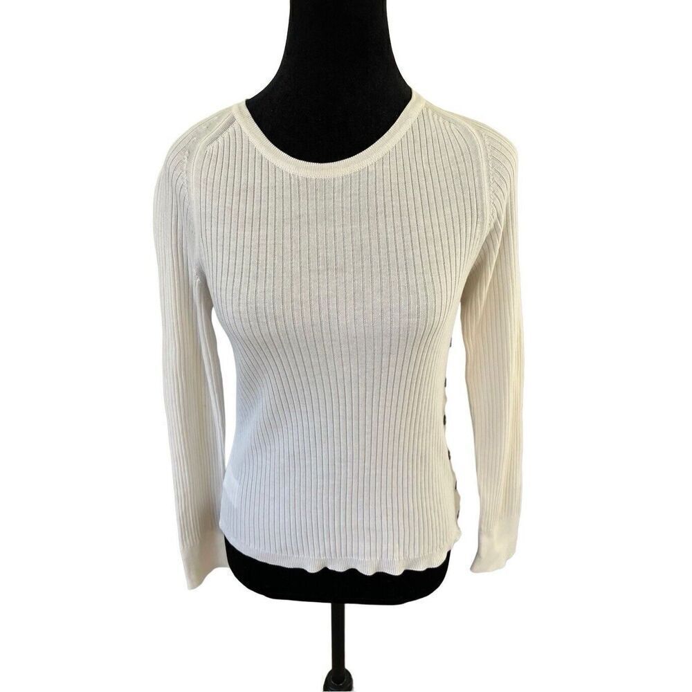 Burberry London Cotton White CREWNECK Long sleeve Sweater Button Details Size S - Picture 2 of 13